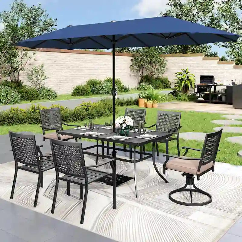 Ensemble de salle à manger d'extérieur 8 pièces en métal avec revêtement électrophorétique et parasol
