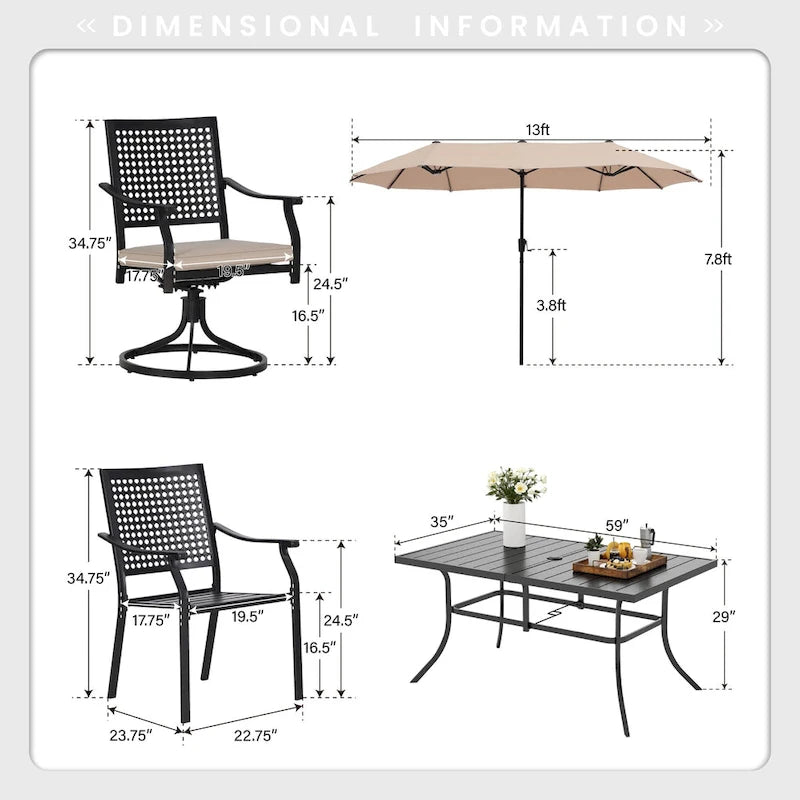 Ensemble de salle à manger d'extérieur 8 pièces en métal avec revêtement électrophorétique et parasol