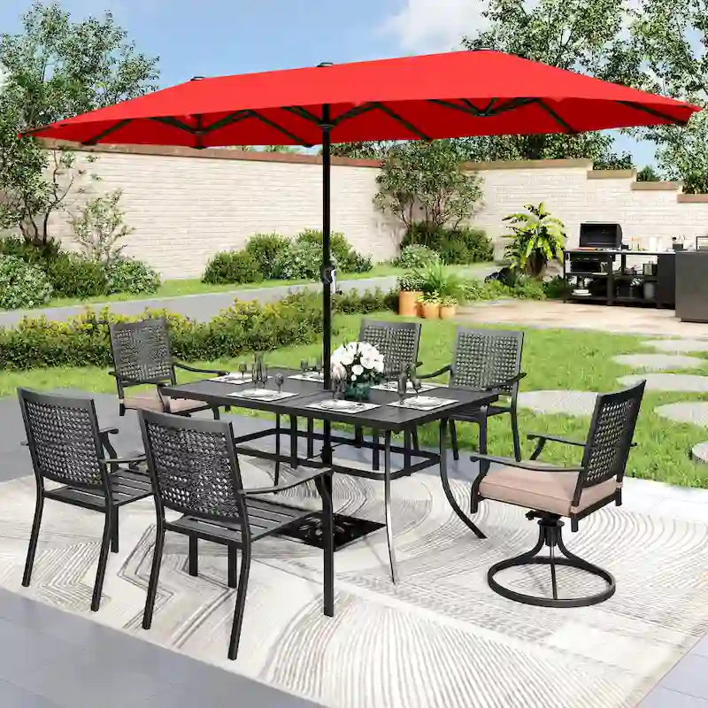 Ensemble de salle à manger d'extérieur 8 pièces en métal avec revêtement électrophorétique et parasol