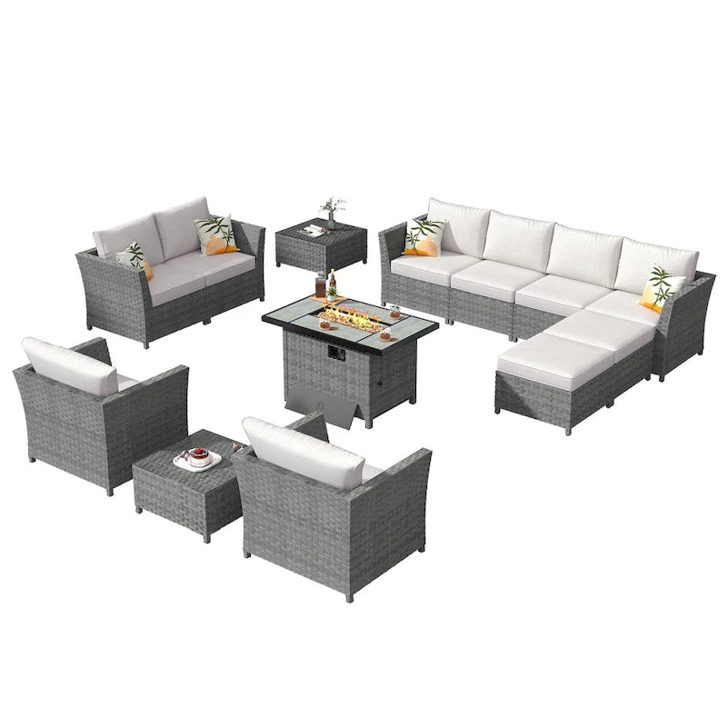 Ensemble de meubles de patio 13 pièces XIZZI avec foyer extérieur en osier