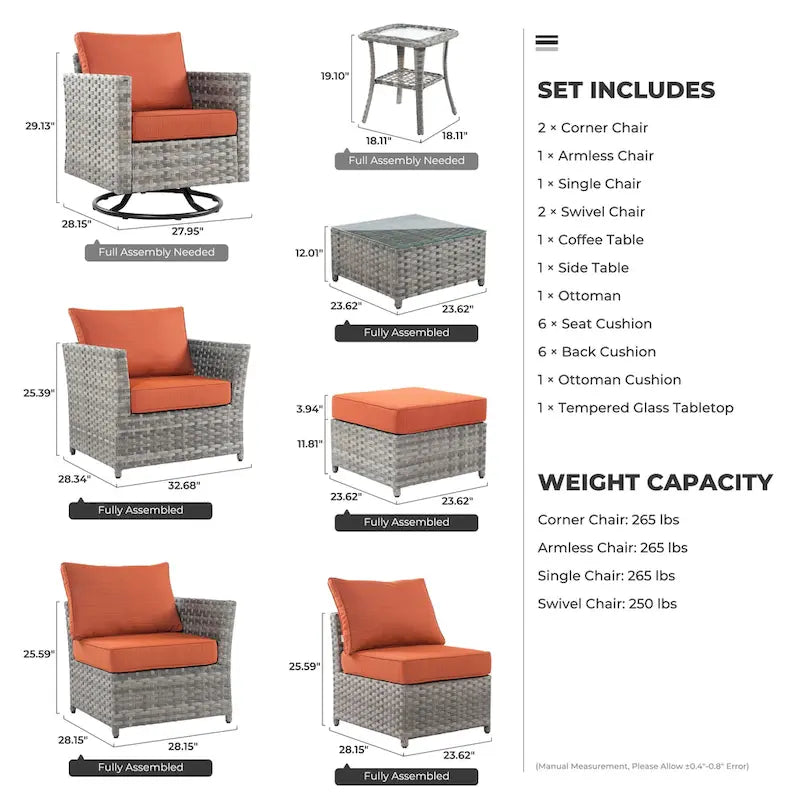HOOOWOOO Ensemble de patio sectionnel en osier tressé à la main 9 pièces avec fauteuil pivotant à bascule