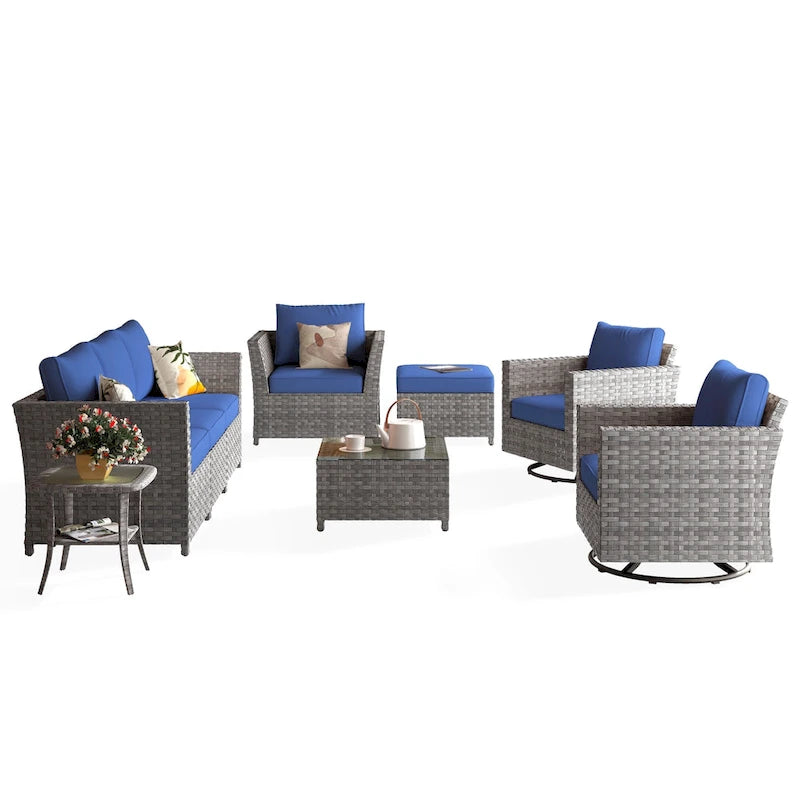 HOOOWOOO Ensemble de patio sectionnel en osier tressé à la main 9 pièces avec fauteuil pivotant à bascule