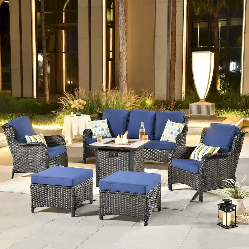 Ensemble de mobilier de patio en osier 6 pièces OVIOS avec table brasero de 30 po