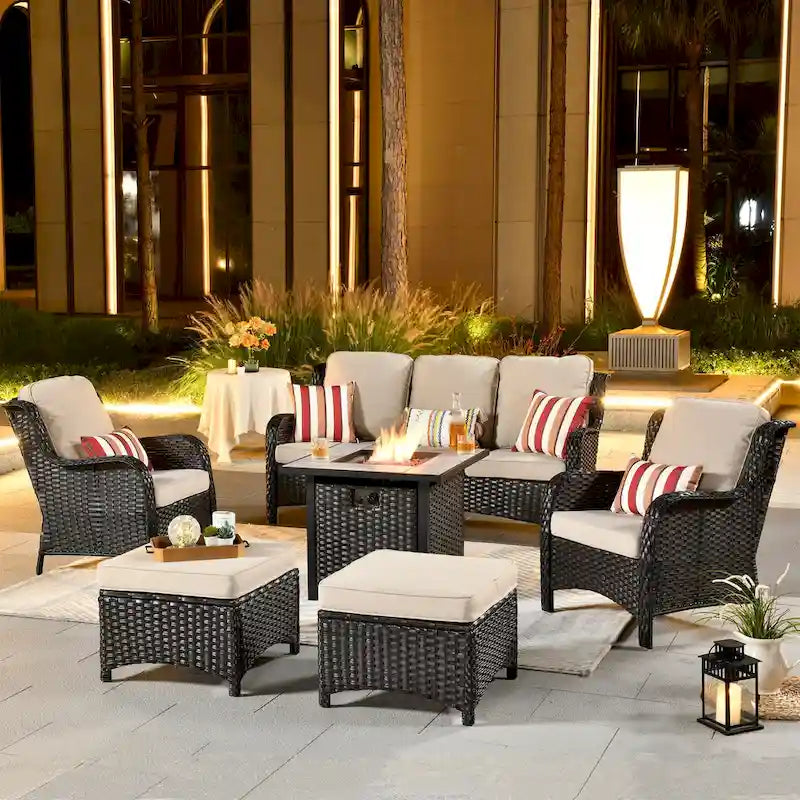 Ensemble de mobilier de patio en osier 6 pièces OVIOS avec table brasero de 30 po