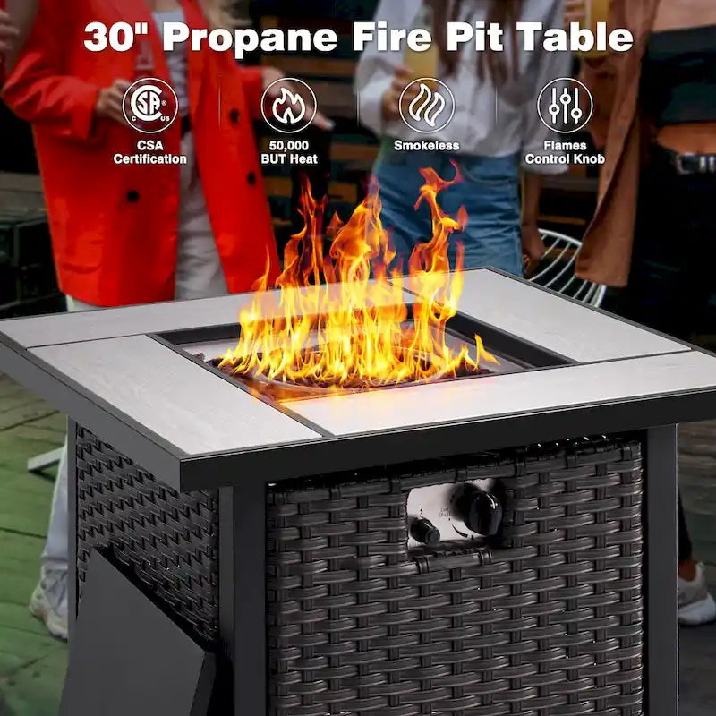 Ensemble de mobilier de patio en osier 6 pièces OVIOS avec table brasero de 30 po