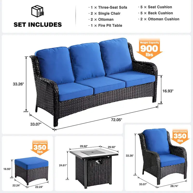 Ensemble de mobilier de patio en osier 6 pièces OVIOS avec table brasero de 30 po