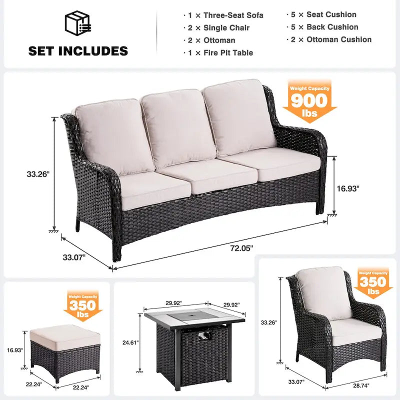 Ensemble de mobilier de patio en osier 6 pièces OVIOS avec table brasero de 30 po