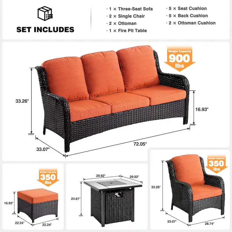 Ensemble de mobilier de patio en osier 6 pièces OVIOS avec table brasero de 30 po