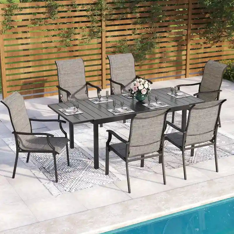 MAISON ARTS Ensemble de Salle à Manger d'Extérieur 7 Pièces / 9 Pièces avec Chaises Rembourrées en Textilène à Accoudoirs Ondulés et Table Extensible en Métal