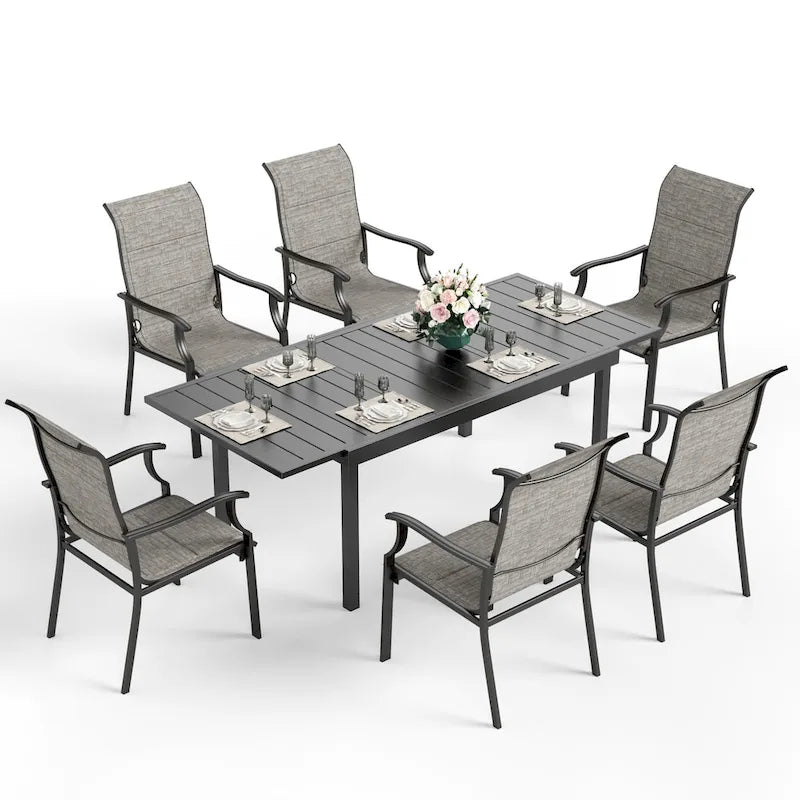 MAISON ARTS Ensemble de Salle à Manger d'Extérieur 7 Pièces / 9 Pièces avec Chaises Rembourrées en Textilène à Accoudoirs Ondulés et Table Extensible en Métal
