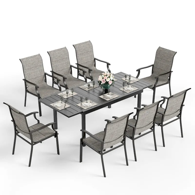 MAISON ARTS Ensemble de Salle à Manger d'Extérieur 7 Pièces / 9 Pièces avec Chaises Rembourrées en Textilène à Accoudoirs Ondulés et Table Extensible en Métal