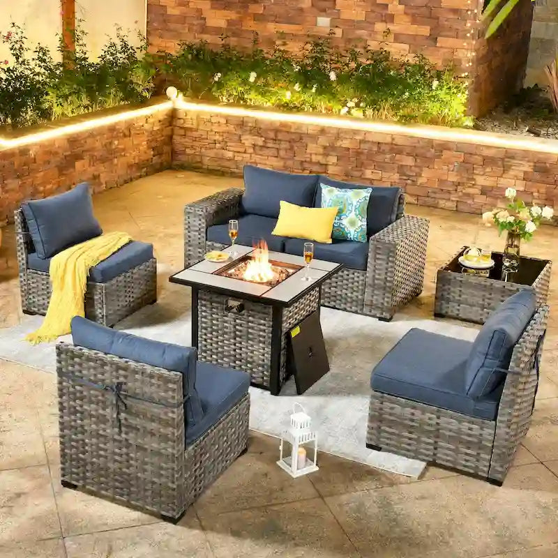 OVIOS Salon de Jardin en Osier avec Grands Accoudoirs, 7 pièces, avec Foyer et Table