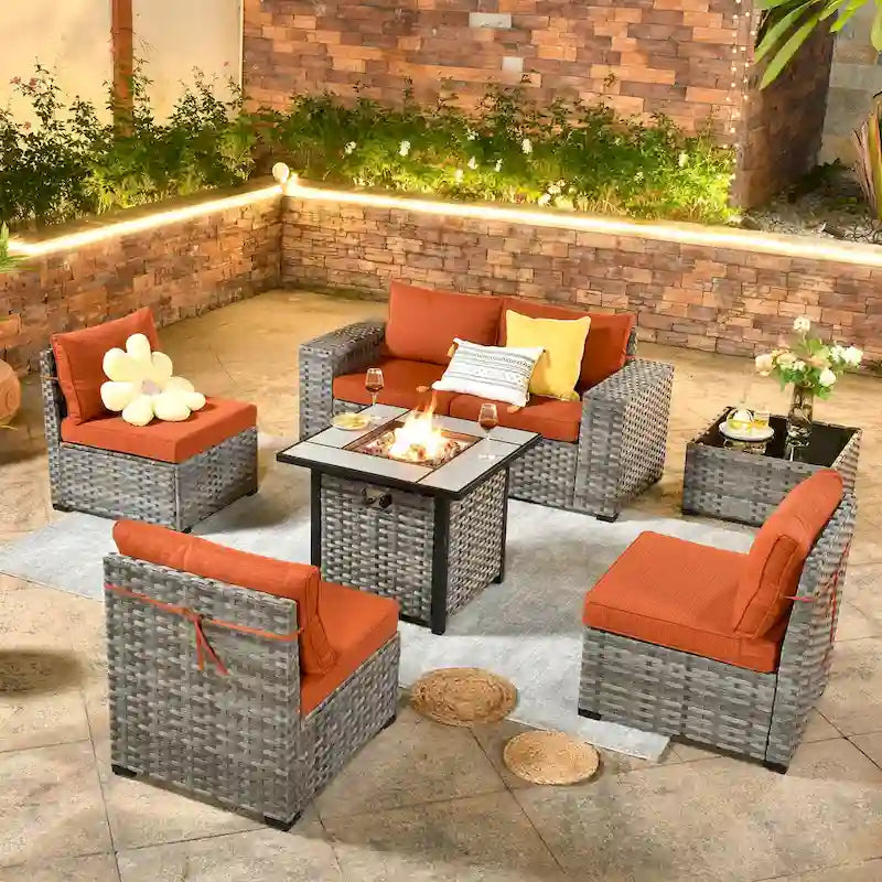 OVIOS Salon de Jardin en Osier avec Grands Accoudoirs, 7 pièces, avec Foyer et Table