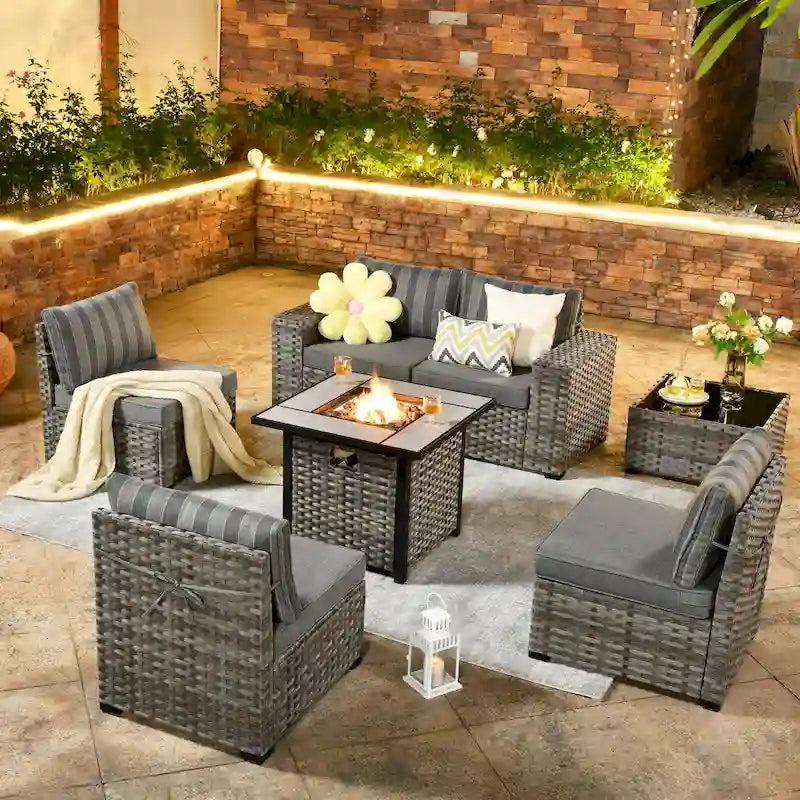OVIOS Salon de Jardin en Osier avec Grands Accoudoirs, 7 pièces, avec Foyer et Table