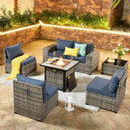 OVIOS Salon de Jardin en Osier avec Grands Accoudoirs, 7 pièces, avec Foyer et Table