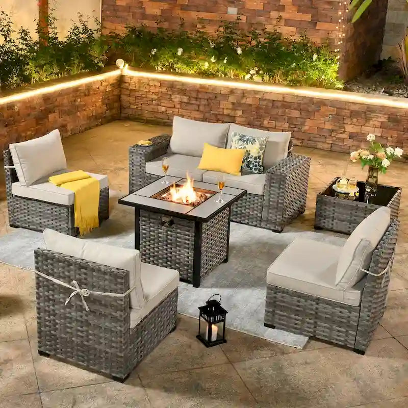 OVIOS Salon de Jardin en Osier avec Grands Accoudoirs, 7 pièces, avec Foyer et Table