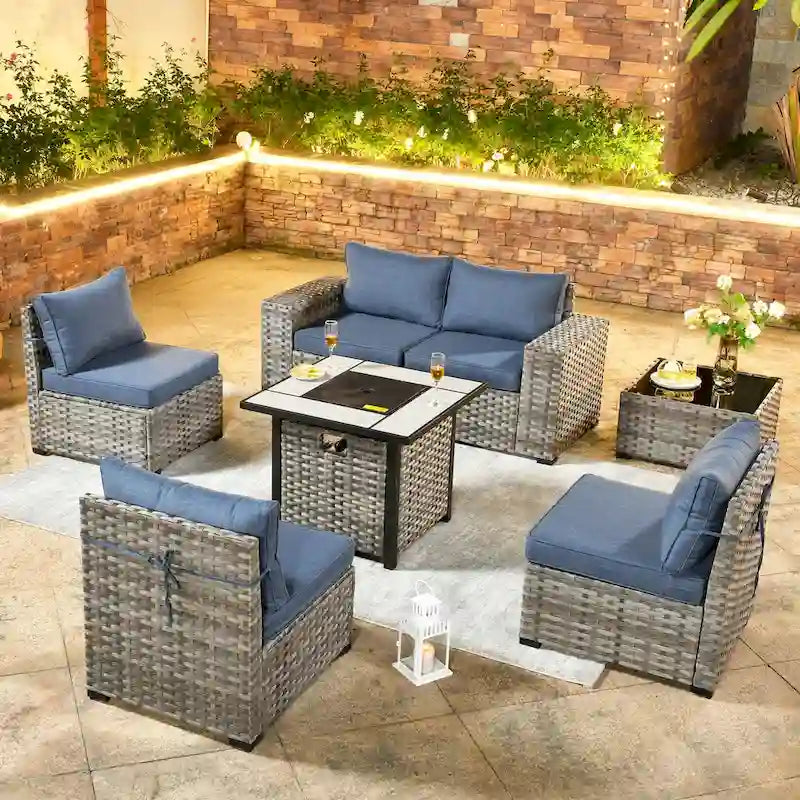 OVIOS Salon de Jardin en Osier avec Grands Accoudoirs, 7 pièces, avec Foyer et Table