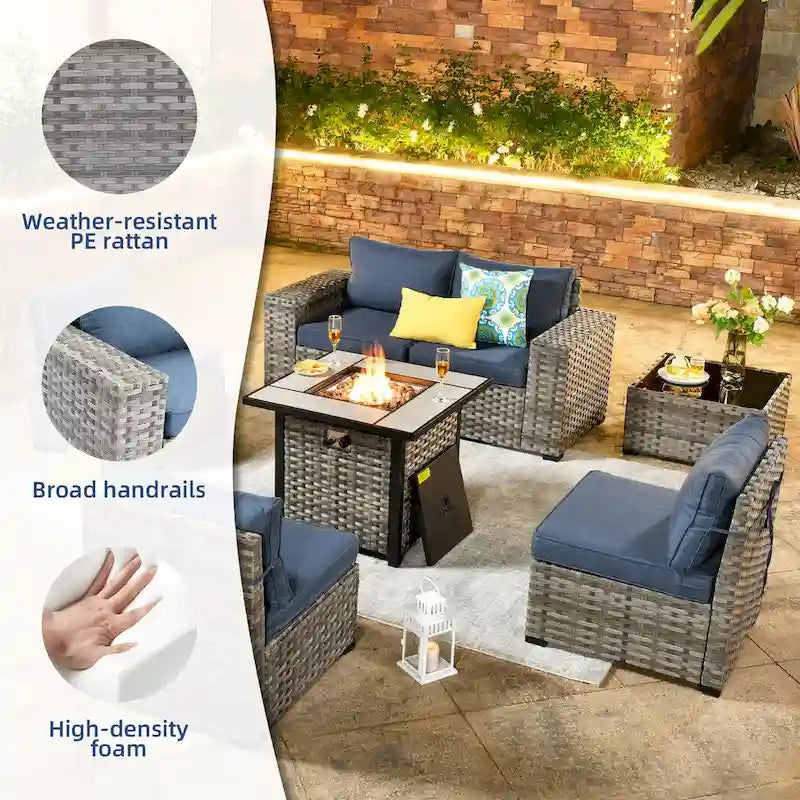 OVIOS Salon de Jardin en Osier avec Grands Accoudoirs, 7 pièces, avec Foyer et Table