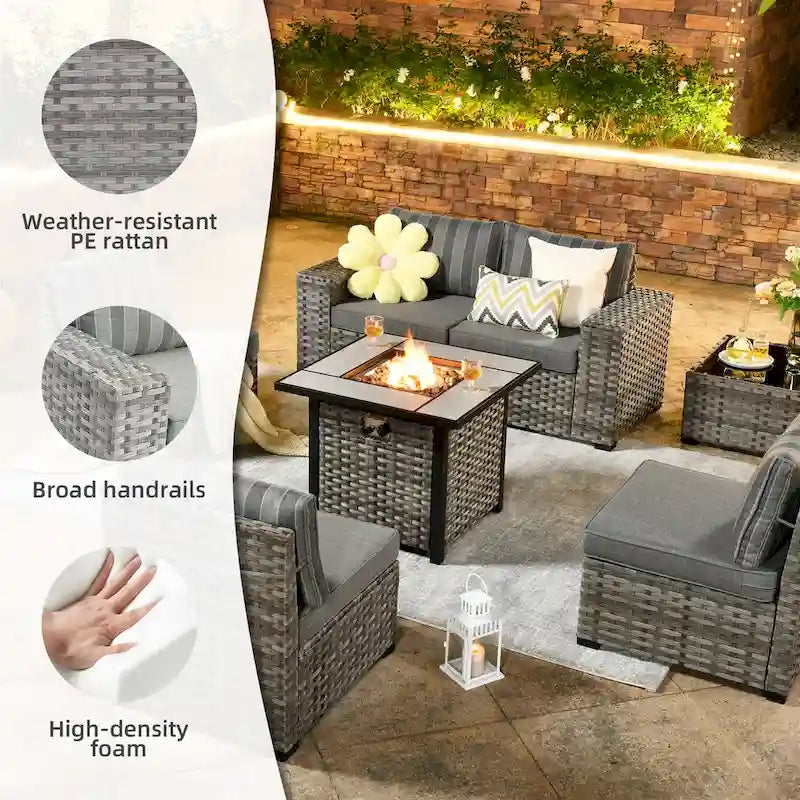 OVIOS Salon de Jardin en Osier avec Grands Accoudoirs, 7 pièces, avec Foyer et Table