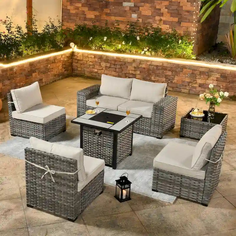OVIOS Salon de Jardin en Osier avec Grands Accoudoirs, 7 pièces, avec Foyer et Table