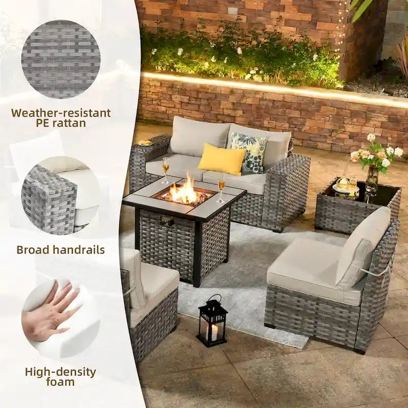 OVIOS Salon de Jardin en Osier avec Grands Accoudoirs, 7 pièces, avec Foyer et Table