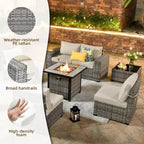 OVIOS Salon de Jardin en Osier avec Grands Accoudoirs, 7 pièces, avec Foyer et Table