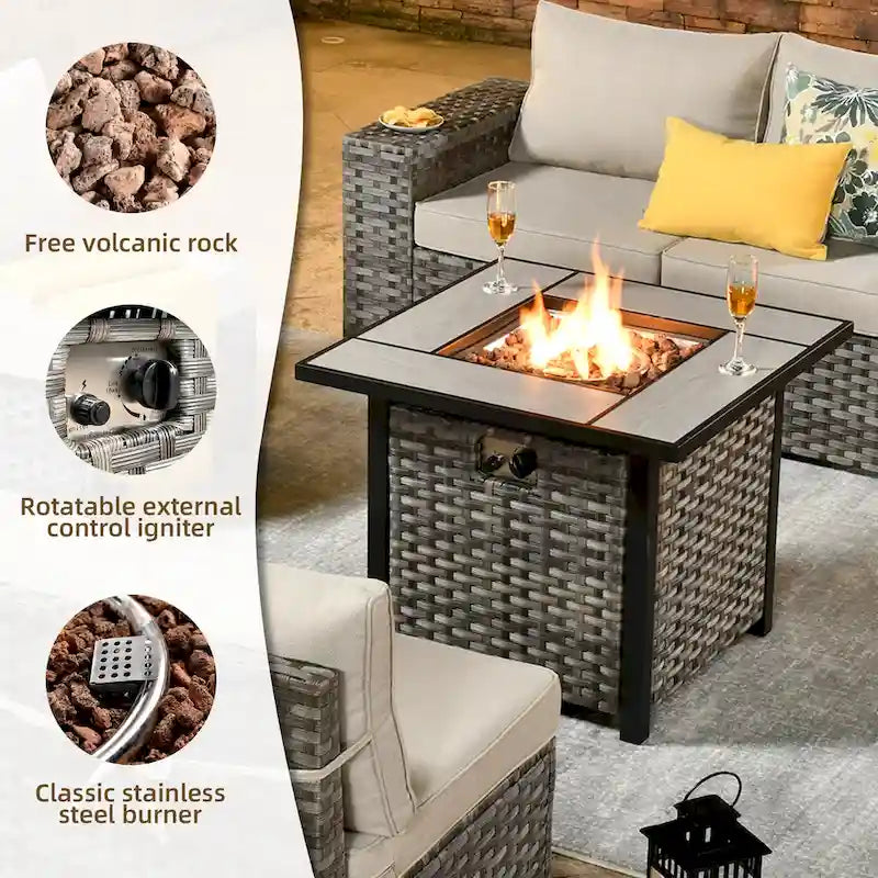 OVIOS Salon de Jardin en Osier avec Grands Accoudoirs, 7 pièces, avec Foyer et Table
