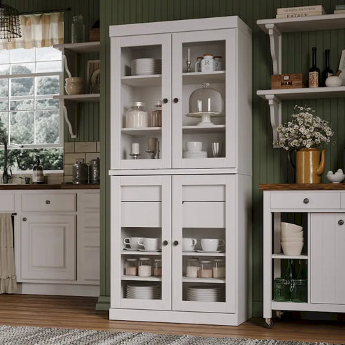  100% Solid Wood Pantry Cabinet with Frosted, Clear Glass or Solid Doors, 2-Drawers and Adjustable Shelves