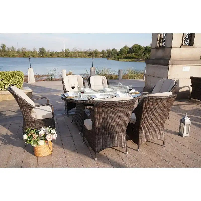 Ensemble de salle à manger ovale de 7 pièces en osier pour l'extérieur avec fauteuils
