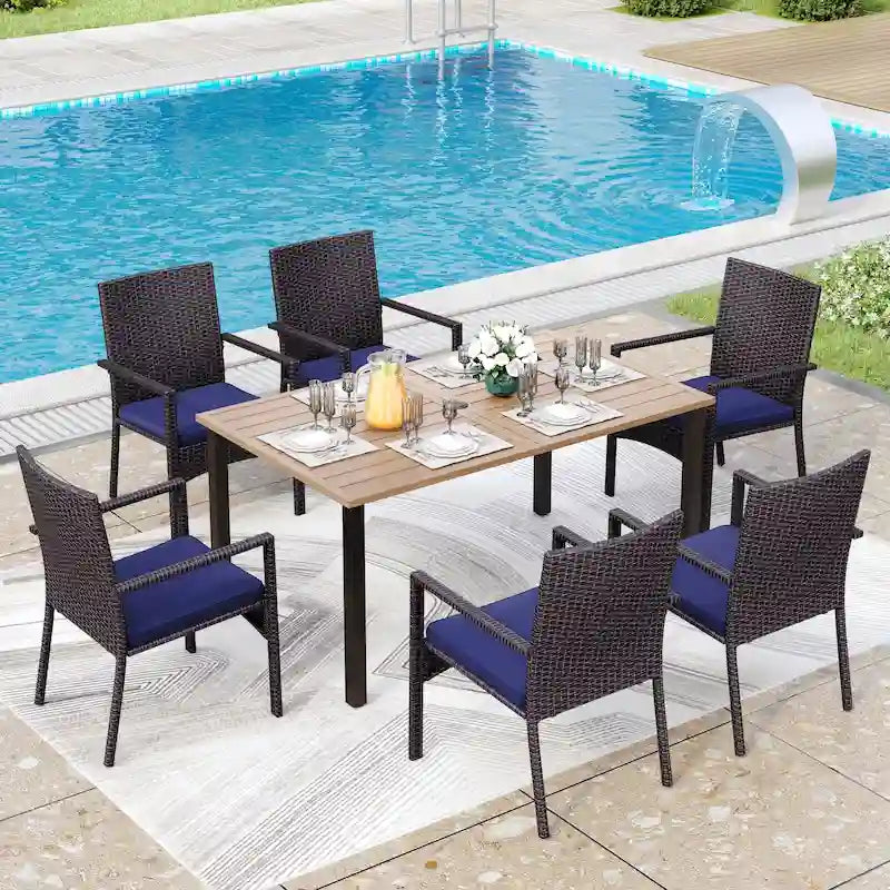 Ensemble de salle à manger de jardin 7 pièces, 6 chaises de salle à manger en résine tressée avec dossier en textilène et 1 table de salle à manger en métal