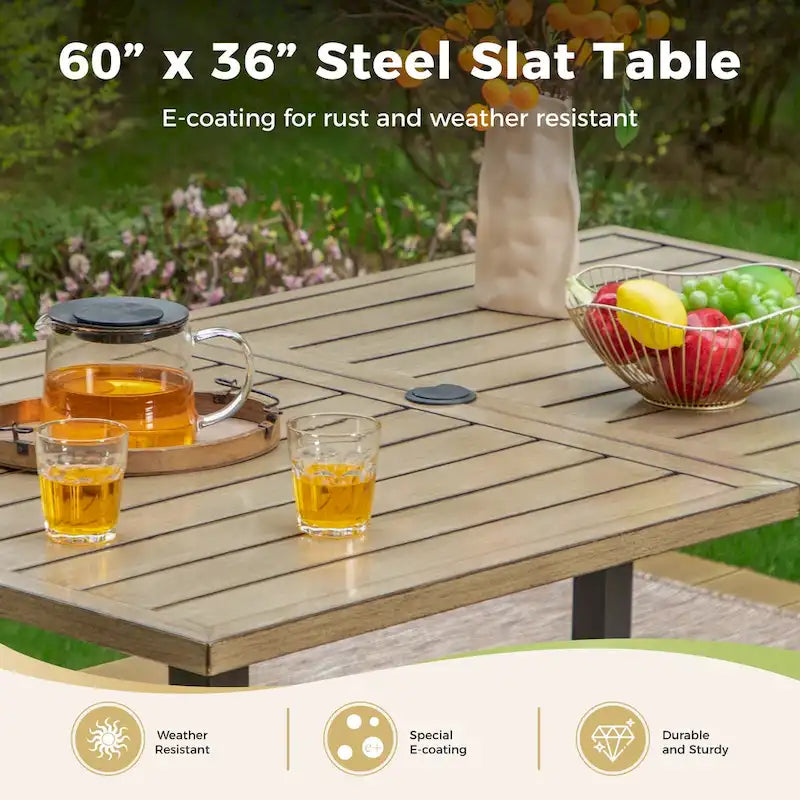 Ensemble de salle à manger de jardin 7 pièces, 6 chaises de salle à manger en résine tressée avec dossier en textilène et 1 table de salle à manger en métal