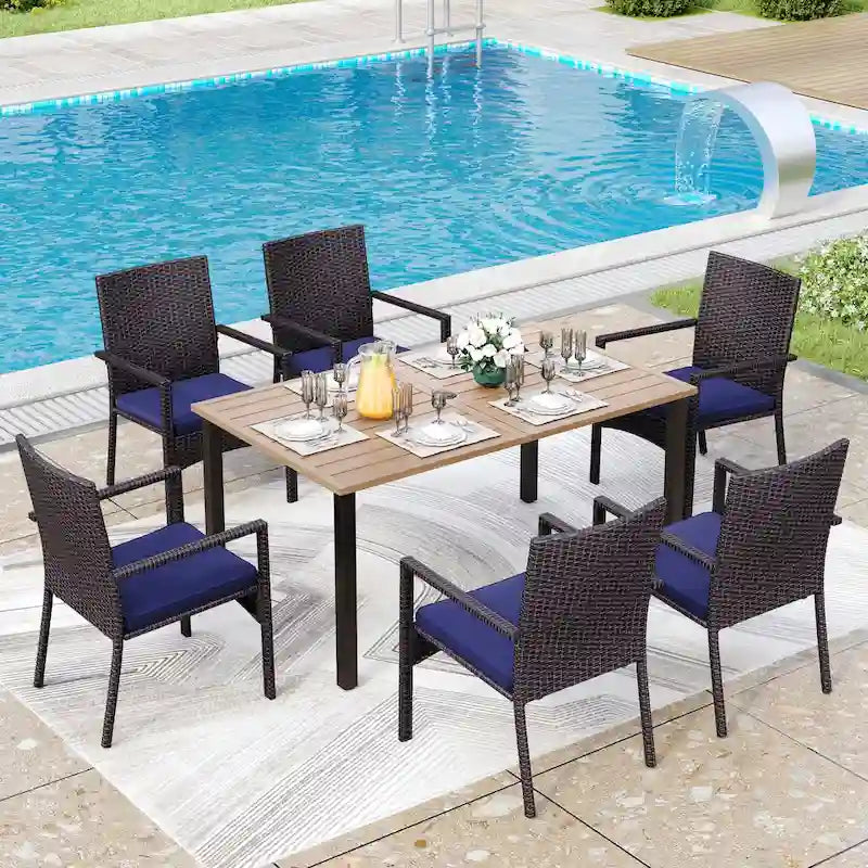Ensemble de salle à manger de jardin 7 pièces, 6 chaises de salle à manger en résine tressée avec dossier en textilène et 1 table de salle à manger en métal