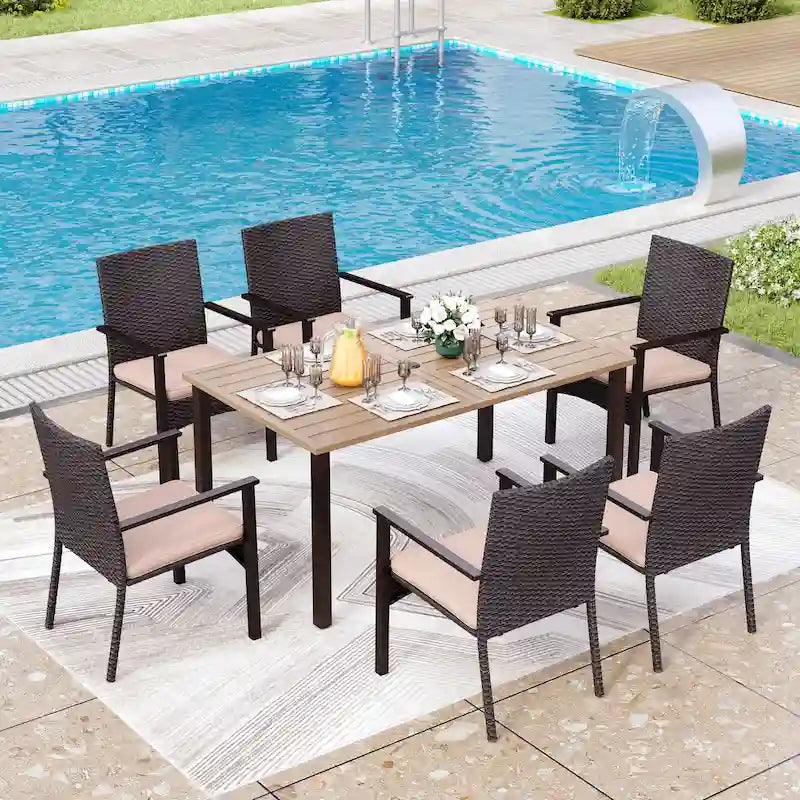 Ensemble de salle à manger de jardin 7 pièces, 6 chaises de salle à manger en résine tressée avec dossier en textilène et 1 table de salle à manger en métal
