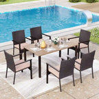 Ensemble de salle à manger de jardin 7 pièces, 6 chaises de salle à manger en résine tressée avec dossier en textilène et 1 table de salle à manger en métal