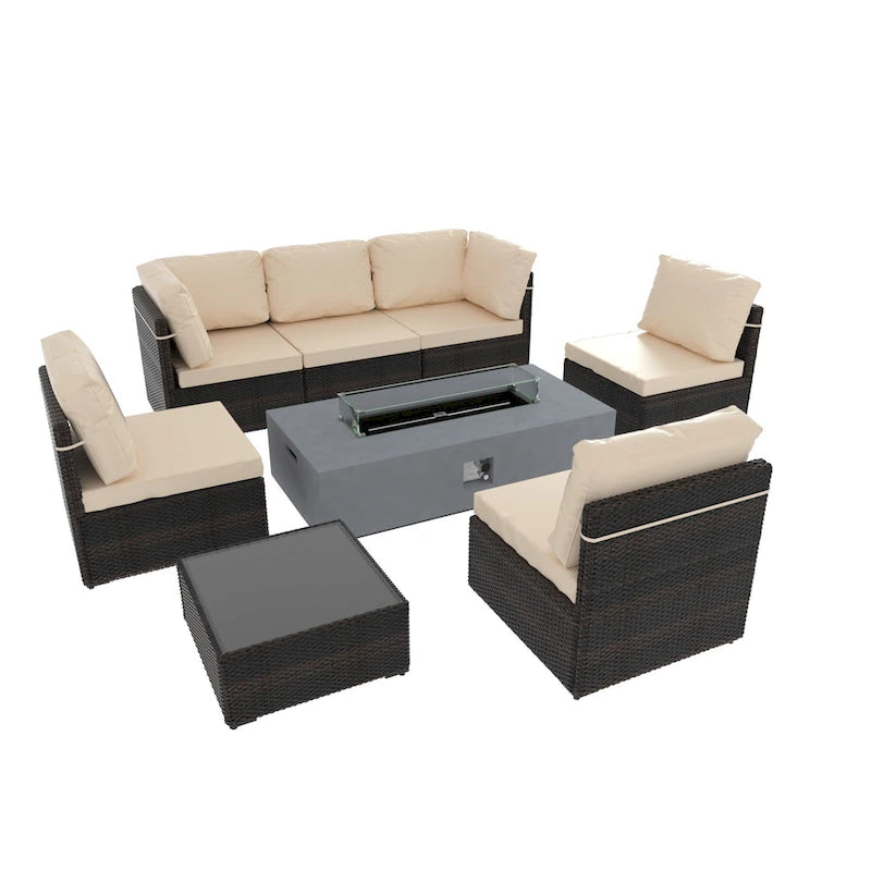 Ensemble de mobilier de patio 8 pièces UPHA avec table de foyer en béton au propane, ensemble de canapé sectionnel d'extérieur