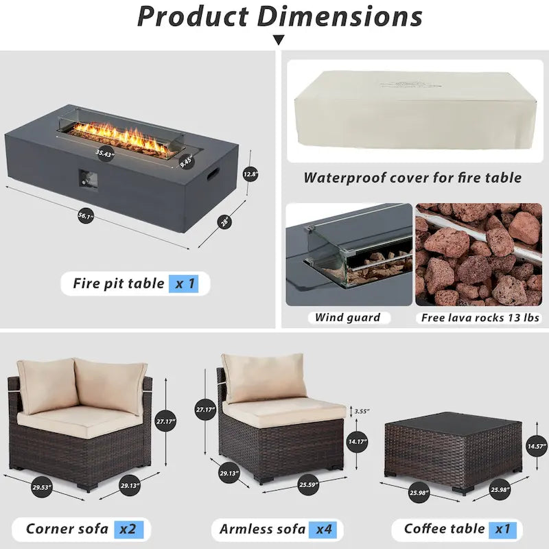 Ensemble de mobilier de patio 8 pièces UPHA avec table de foyer en béton au propane, ensemble de canapé sectionnel d'extérieur