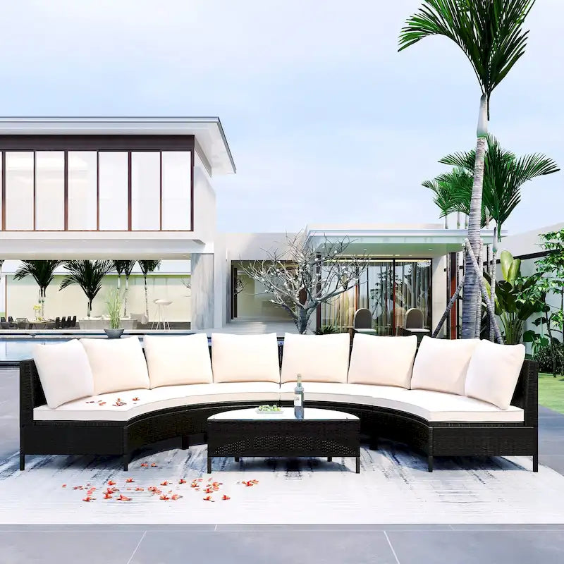 Ensemble de canapés de jardin modulables en rotin, demi-lune, avec coussins et table
