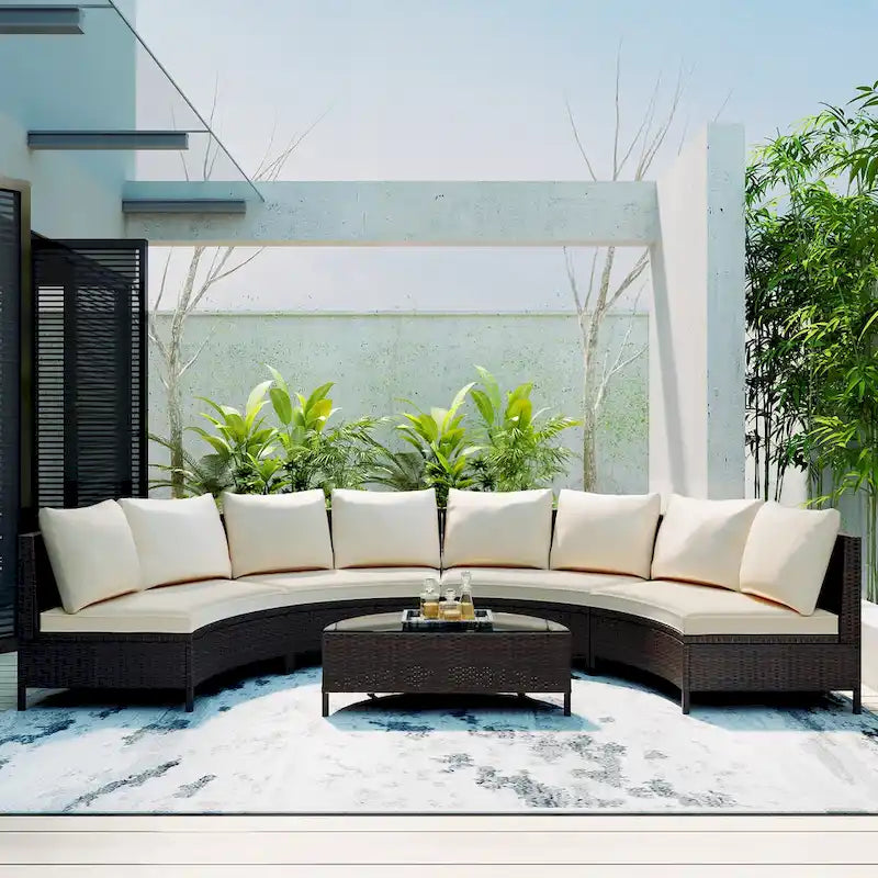 Ensemble de canapés de jardin modulables en rotin, demi-lune, avec coussins et table