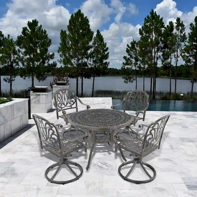 Ensemble de salle à manger de patio en fonte d'aluminium 5 pièces avec 4 chaises pivotantes