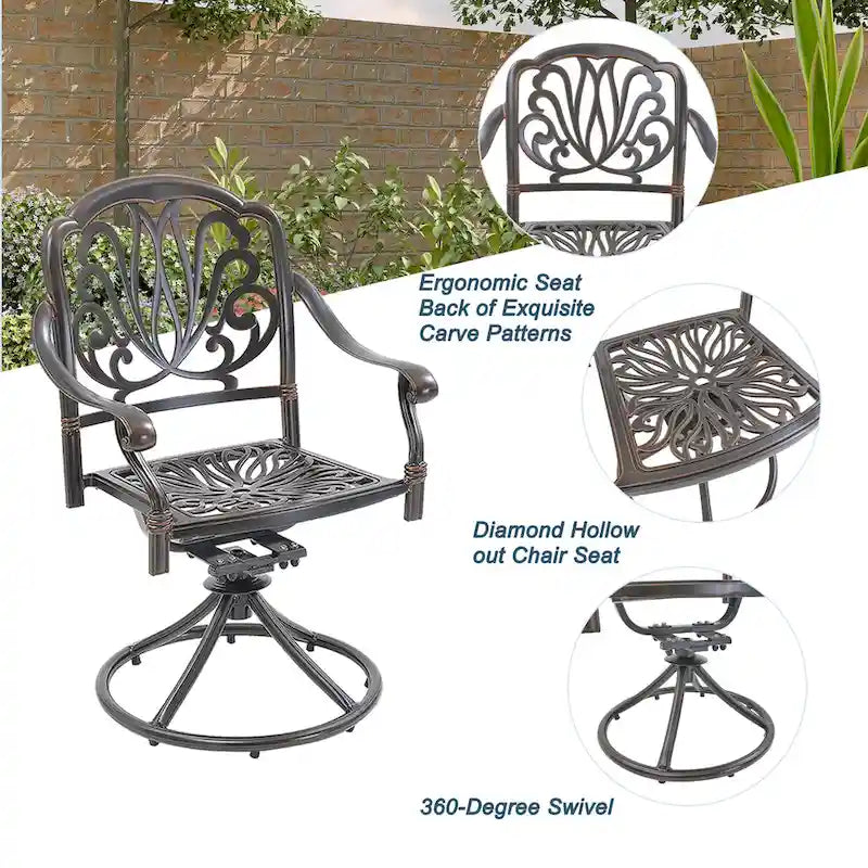 Ensemble de salle à manger de patio en fonte d'aluminium 5 pièces avec 4 chaises pivotantes