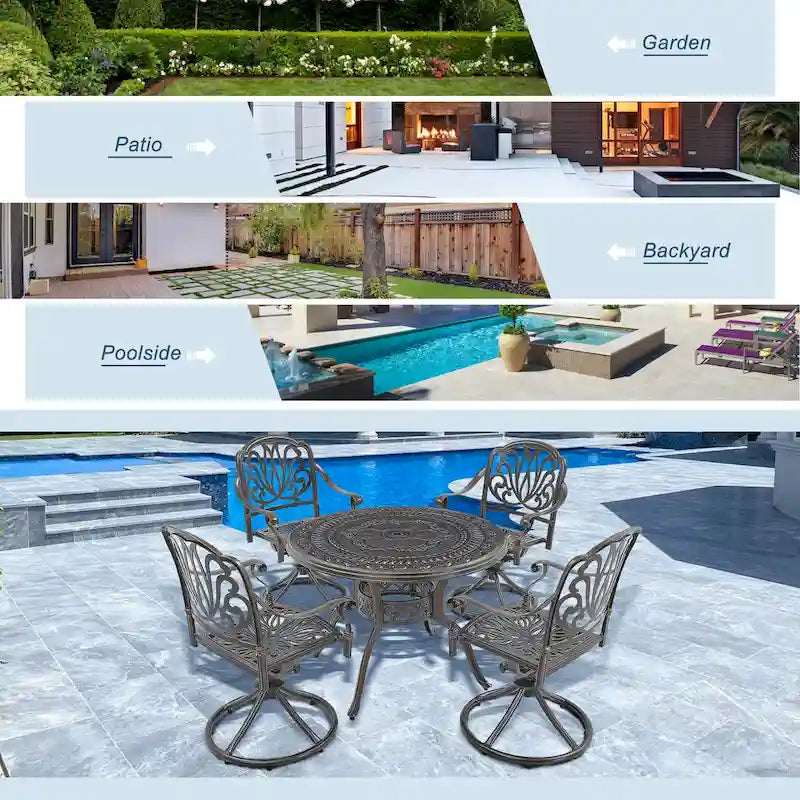 Ensemble de salle à manger de patio en fonte d'aluminium 5 pièces avec 4 chaises pivotantes
