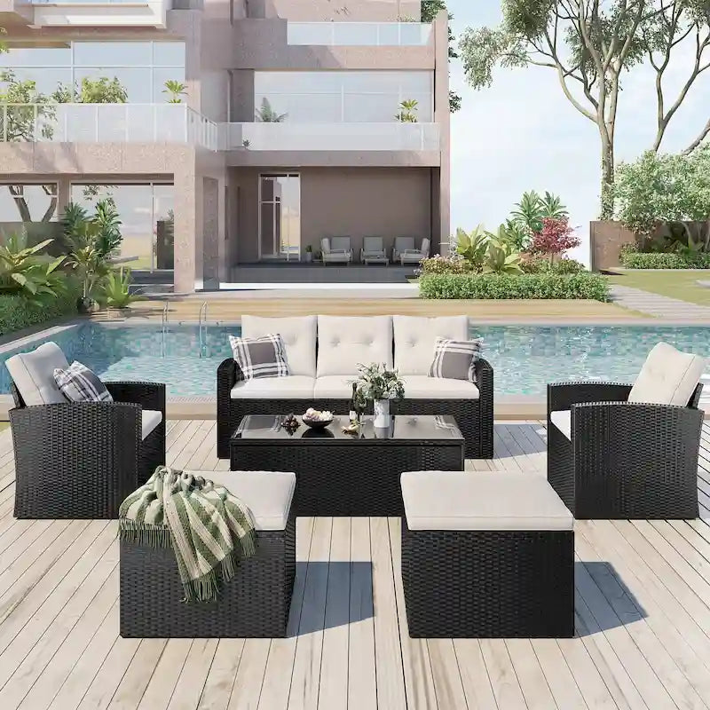 Ensemble de salon de jardin modulable en rotin toutes saisons de 6 pièces