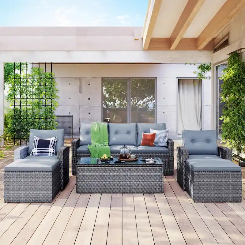 Ensemble de salon de jardin modulable en rotin toutes saisons de 6 pièces