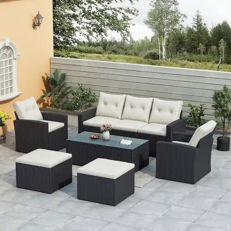 Ensemble de salon de jardin modulable en rotin toutes saisons de 6 pièces