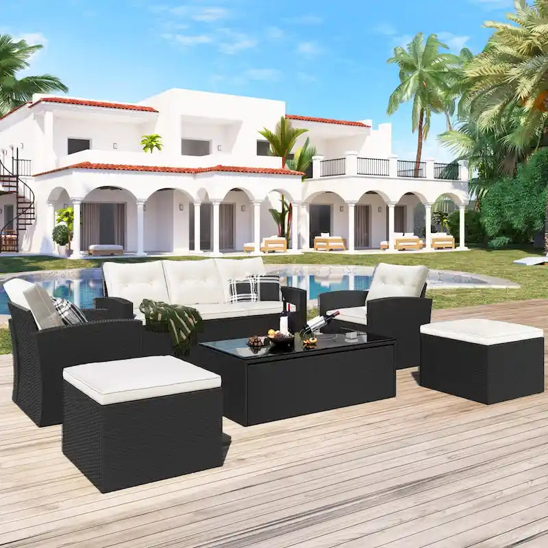 Ensemble de salon de jardin modulable en rotin toutes saisons de 6 pièces