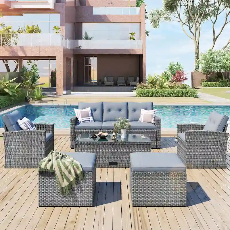 Ensemble de salon de jardin modulable en rotin toutes saisons de 6 pièces