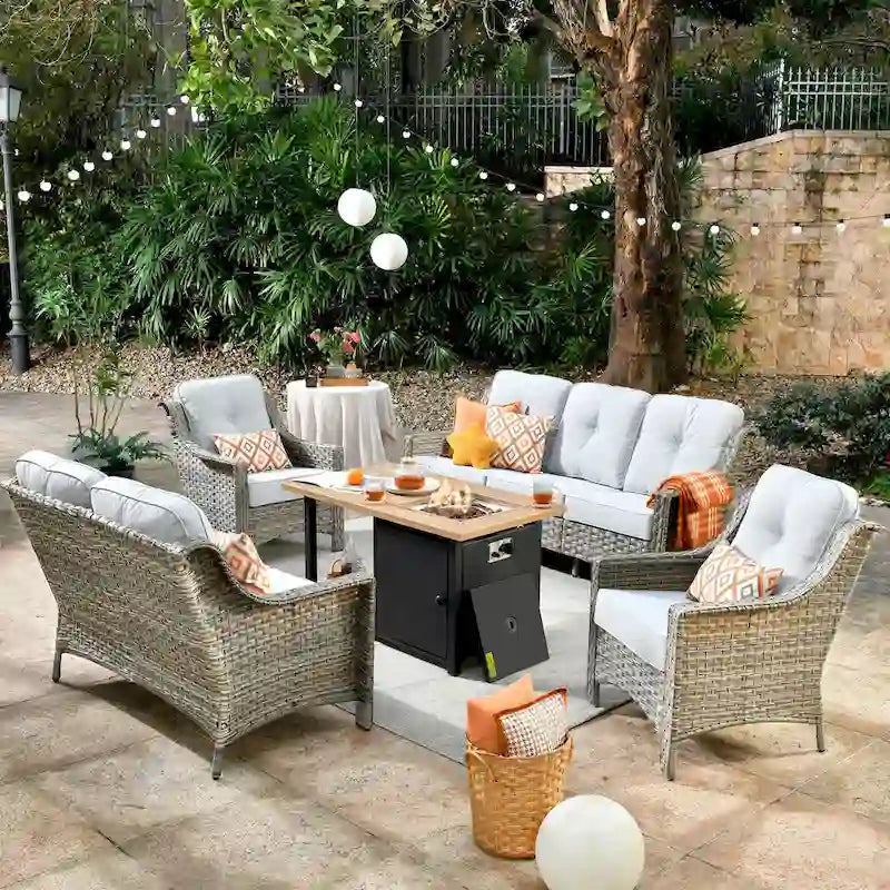 HOOOWOOO Ensemble de meubles de conversation de patio en rotin osier 5 pièces avec dossier haut