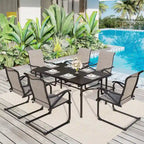 Ensemble de salle à manger d'extérieur 7 pièces pour patio, 6 chaises à mouvement de ressort, 1 table rectangulaire extensible