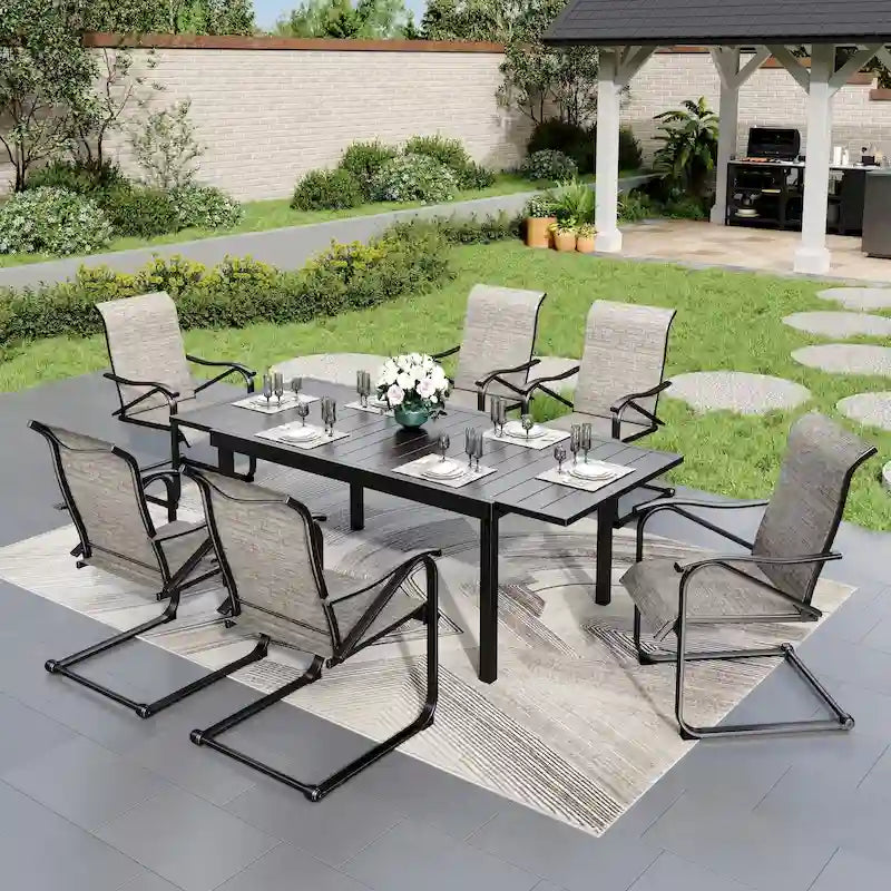 Ensemble de salle à manger d'extérieur 7 pièces pour patio, 6 chaises à mouvement de ressort, 1 table rectangulaire extensible