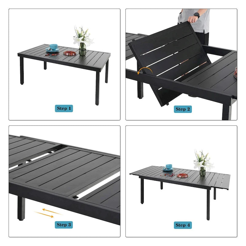 Ensemble de salle à manger d'extérieur 7 pièces pour patio, 6 chaises à mouvement de ressort, 1 table rectangulaire extensible